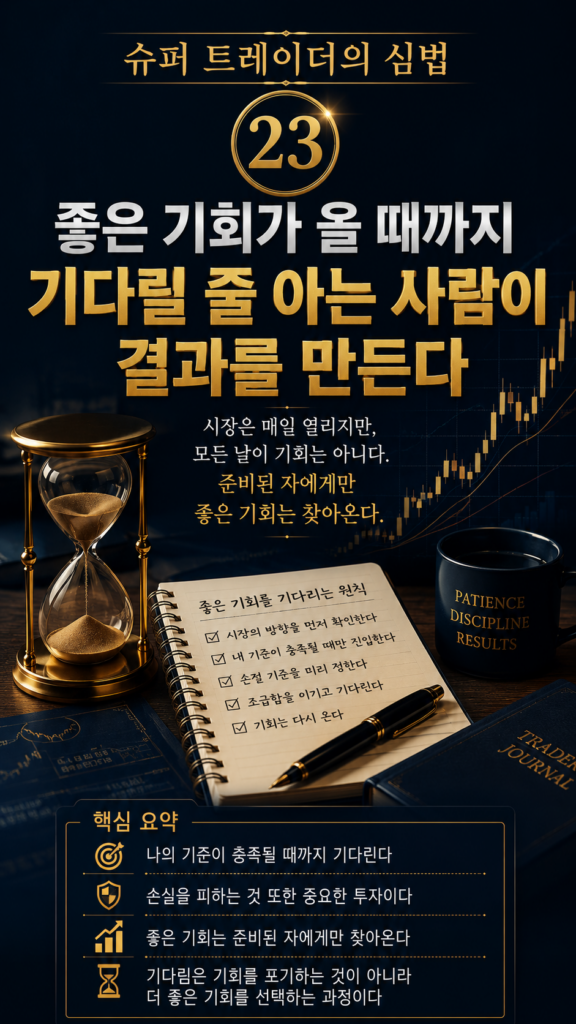 Read more about the article 슈퍼 트레이더의 심법 ㉓ 좋은 기회가 올 때까지 기다릴 줄 아는 사람이 결과를 만든다